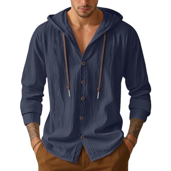Men's Navy Cotton Linen Button Down Hoodies Long Sleeve Casual Hawaiian Beach